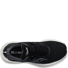 Top view of the womens Saucony Endorphin Speed 3 running shoe in black with a white sole and gray accents, mesh upper, and RMTION text partially visible on the insole—perfect for daily training.