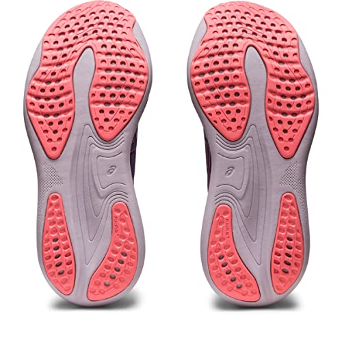 The image displays the ASICS Gel Nimbus 25 - Womens running shoes, which have light gray soles accented with coral pink grip sections and perforated patterns for traction and lightweight cushioning.