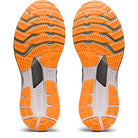 ASICS Gel Kayano 28 - Mens stability running shoes shown from the bottom, display textured orange and gray rubber soles with black accents, grooved tread for grip, and GEL technology.