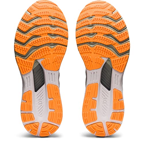 ASICS Gel Kayano 28 - Mens stability running shoes shown from the bottom, display textured orange and gray rubber soles with black accents, grooved tread for grip, and GEL technology.