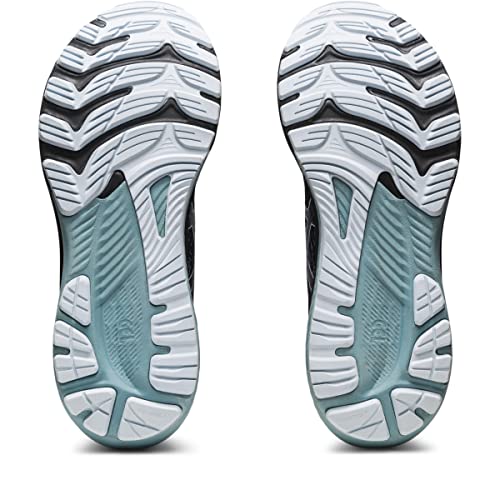 The image displays the outsoles of ASICS Gel Kayano 29 - Mens running shoes in white, black, and teal, featuring textured grooves and a wavy tread for enhanced traction and stability.
