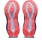 The ASICS Novoblast 3 - Womens features wavy, textured outsoles in light purple and pink-orange for traction, plus FF BLAST PLUS cushioning for comfort—a standout running shoe from the NOVABLAST 3 line.