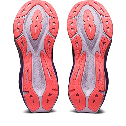 The ASICS Novoblast 3 - Womens features wavy, textured outsoles in light purple and pink-orange for traction, plus FF BLAST PLUS cushioning for comfort—a standout running shoe from the NOVABLAST 3 line.