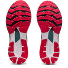 The image shows the outsoles of ASICS Gel Kayano 28 - Mens stability running shoes, with a red, black, white, and teal rubber tread pattern, viewed from below.