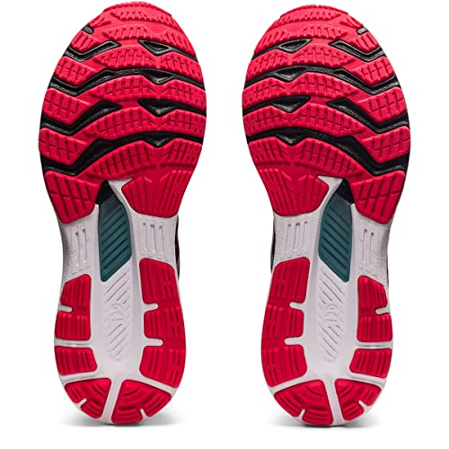 The image shows the outsoles of ASICS Gel Kayano 28 - Mens stability running shoes, with a red, black, white, and teal rubber tread pattern, viewed from below.