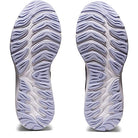 A pair of ASICS Cumulus 23 - Womens running shoes is shown from the bottom, displaying light purple soles with a wavy tread pattern and lightweight cushioning for enhanced comfort.
