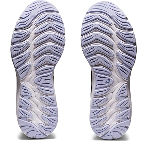 A pair of ASICS Cumulus 23 - Womens running shoes is shown from the bottom, displaying light purple soles with a wavy tread pattern and lightweight cushioning for enhanced comfort.