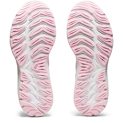The image shows the soles of a pair of ASICS Cumulus 23 - Womens shoes with wavy, light pink and white tread patterns, viewed from the bottom. The ASICS logo appears near the center, emphasizing their lightweight cushioning.