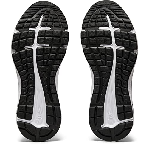 The image shows the black rubber outsoles of the ASICS GEL-EXCITE 7 - Womens, featuring white grooves and textured tread for traction and flexibility. This lightweight running shoe also has a cushioned midsole for comfort.