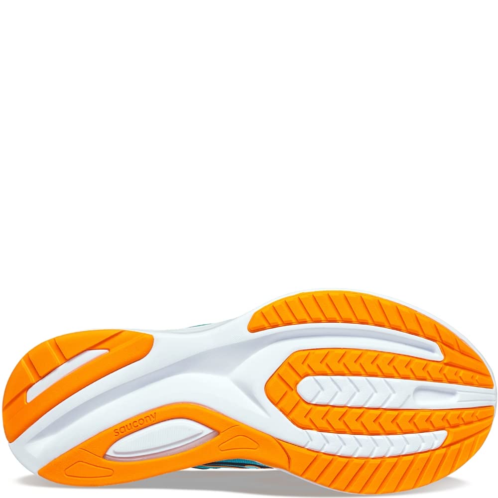 The image shows the sole of the mens Saucony Guide 16 running shoe, featuring a white base with bright orange rubber traction on the heel, forefoot, and outer edge for grip and flexibility. The Saucony logo is visible.