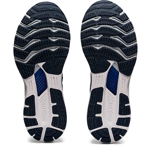 The image shows the outsoles of ASICS Gel Kayano 28 - Mens shoes, with a black textured pattern, white and blue accents, and features like grooves, ridges, and GEL technology for traction, flexibility, and support.