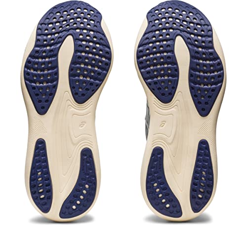 The ASICS Gel Nimbus 25 - Womens shoes are shown side by side, with beige soles, navy blue textured rubber grips, and multiple ventilation holes on the bottom to highlight their lightweight cushioning.