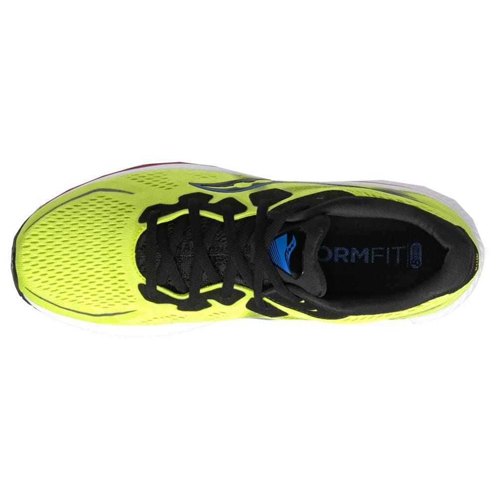 Top view of the Saucony Omni 20 Running Shoe - Mens in bright yellow with black laces, black trim, and a blue logo on the insole. Mesh upper enhances breathability, while PWRRUN cushioning and a white sole provide comfort and support.