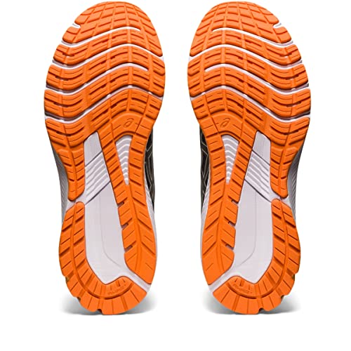 Two orange and white ASICS GT-1000 11 - Mens running shoe soles with black details are displayed side by side, showcasing their tread patterns and FLYTEFOAM cushioning against a white background.