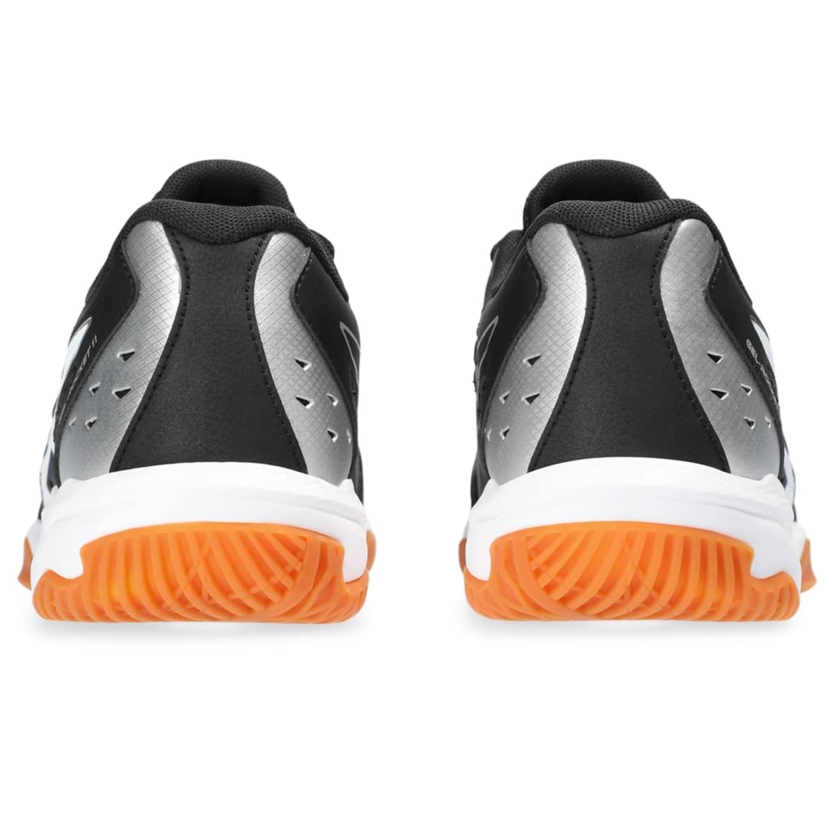 Rear view of ASICS Gel-Rocket 11 Womens indoor court shoes, featuring black uppers, silver accents, white midsoles, and orange textured outsoles—built for maximum on-court stability and shown side by side on a white background.