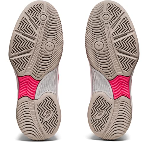 The ASICS Gel-Game 8 - Kids’ athletic shoes are shown from the sole, featuring beige outsoles with detailed tread patterns and a bold pink midfoot accent that highlights TRUSSTIC technology for added stability.