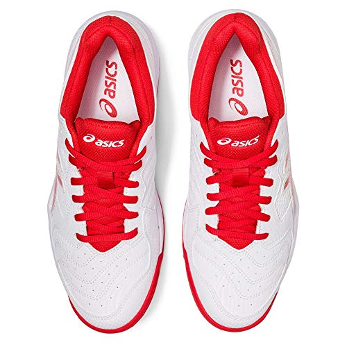 A pair of white ASICS GEL-DEDICATE 6 womens tennis shoes with red laces, red lining, and bold red ASICS logos seen from above—ideal for style and performance on the court.