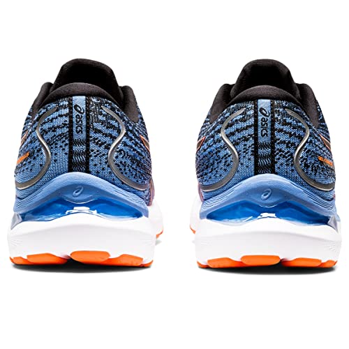 Two blue and black ASICS Gel Cumulus 24 - Mens running shoes are shown from the back, featuring orange and white soles, the ASICS logo, a textured upper, and FF BLAST cushioning for everyday comfort.