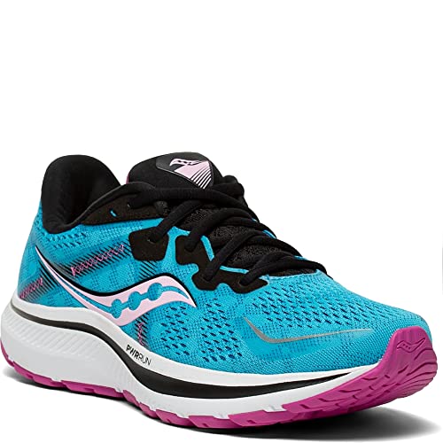 The Saucony Omni 20 Running Shoe for women features a breathable blue and pink mesh upper with black and white accents, black laces, a white cushioned sole, supportive stability, and the logo design on the side.