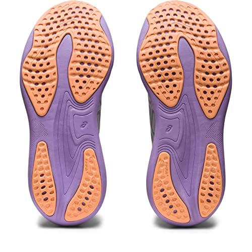 The image shows the soles of ASICS Gel Nimbus 25 - Womenss shoes, featuring primarily purple outsoles with orange textured grip zones and perforated patterns for enhanced traction, flexibility, and lightweight cushioning—ideal for running.