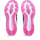 The image displays the soles of the ASICS Dynablast 3 - Womens shoes, featuring mainly white outsoles with pink, irregular tread for grip and FLYTEFOAM BLAST cushioning for comfort; the pair is shown side by side with toes facing up.