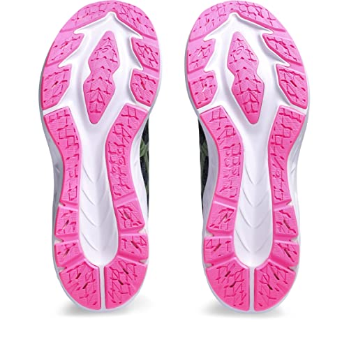The image displays the soles of the ASICS Dynablast 3 - Womens shoes, featuring mainly white outsoles with pink, irregular tread for grip and FLYTEFOAM BLAST cushioning for comfort; the pair is shown side by side with toes facing up.