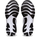 The image shows the black and white wavy-patterned soles of ASICS Gel Cumulus 24 - Mens trainers, viewed from below. The design features textured rubber, segmented tread for grip, and FF BLAST cushioning for comfort.
