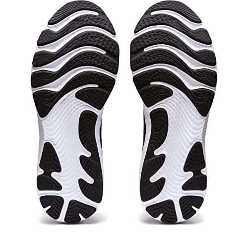 The image shows the black and white wavy-patterned soles of ASICS Gel Cumulus 24 - Mens trainers, viewed from below. The design features textured rubber, segmented tread for grip, and FF BLAST cushioning for comfort.