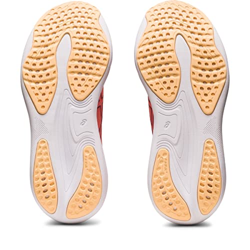 The image shows the soles of ASICS Gel Nimbus 25 - Womens shoes with white bases and light orange rubber grip patterns, featuring circular indentations and curves for traction and lightweight cushioning in running.