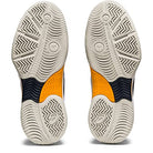 The ASICS Gel-Game 8 - Kids tennis shoes feature cushioned support, textured white rubber soles with grip patterns, orange midfoot accents, and dark navy details down the center.