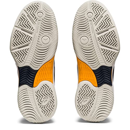 The ASICS Gel-Game 8 - Kids tennis shoes feature cushioned support, textured white rubber soles with grip patterns, orange midfoot accents, and dark navy details down the center.