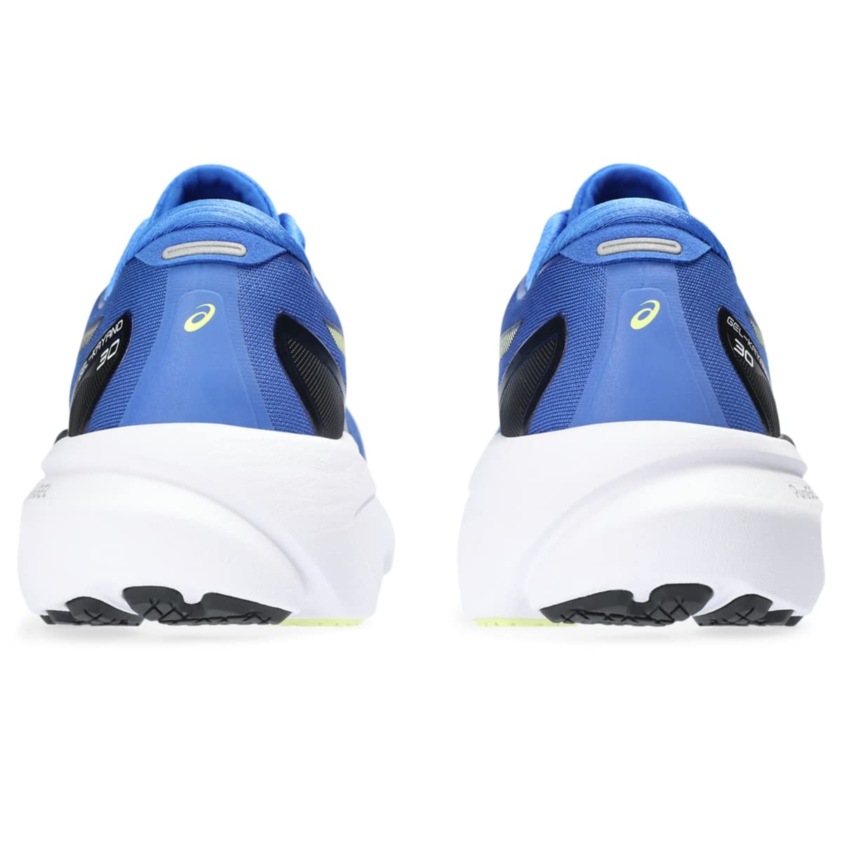 ASICS Gel-Kayano 30 - Mens blue stability running shoes shown from the back, with white thick soles plus black and yellow accents on the heel—perfect for distance training.