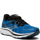 The Saucony Omni 20 Running Shoe - Mens features a blue and black design, white sole, silver logos, black laces, breathable mesh upper, and plush PWRRUN cushioning for stable comfort in every stride.