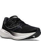 The Saucony Endorphin Speed 3 Running Shoe - Mens features a black upper, black laces, and a thick white PWRRUN+ foam sole, displayed from a front-side angle on a plain white background.