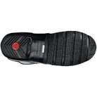 The image shows the sole of a womens Hunter Original Short Gloss Rain Boot in black, with textured grip patterns, a red circular logo near the heel, and HUNTER on a rectangular midsole label.