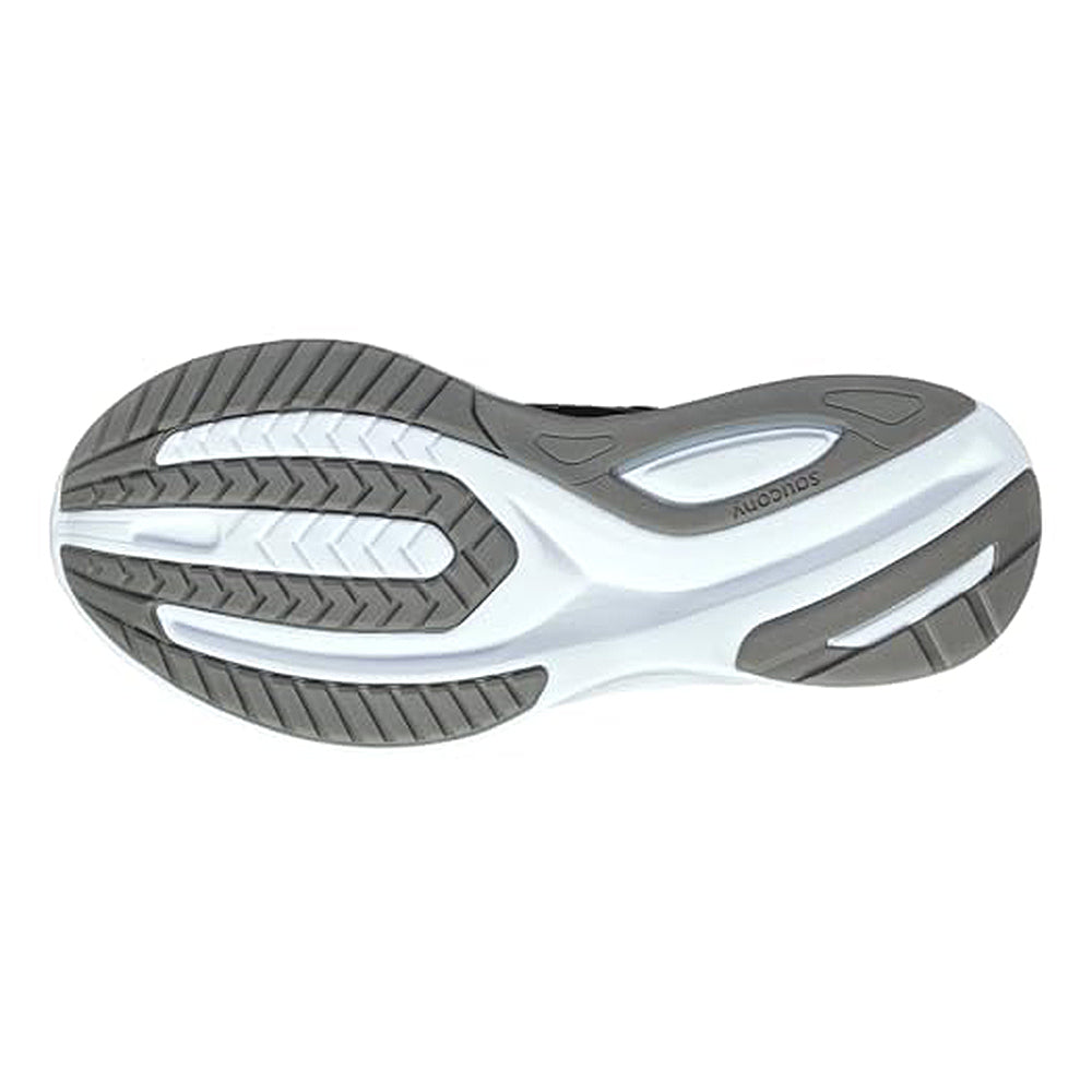 The image displays the Saucony Guide 16 Running Shoe for men, featuring a mostly white sole with gray and black tread for traction and the Saucony brand name visible on the cushioned midsole.