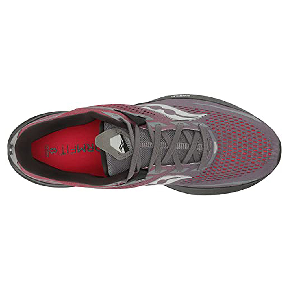 Top view of the Saucony Ride 15 - Men running shoe in gray and red with mesh fabric, gray laces, a red insole, white logo on the side, and a dark gray sole.