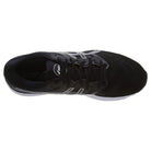Top view of the ASICS Nimbus 23 - Mens running shoe in black with white accents, showcasing a lace-up design and ASICS branding on the tongue. This shoe provides lightweight breathability and superior shock absorption with its visible white outsole.