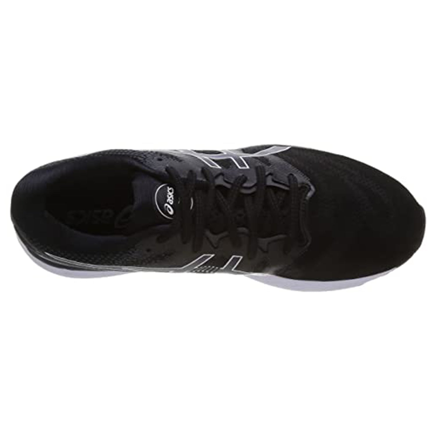 Top view of the ASICS Nimbus 23 - Mens running shoe in black with white accents, showcasing a lace-up design and ASICS branding on the tongue. This shoe provides lightweight breathability and superior shock absorption with its visible white outsole.