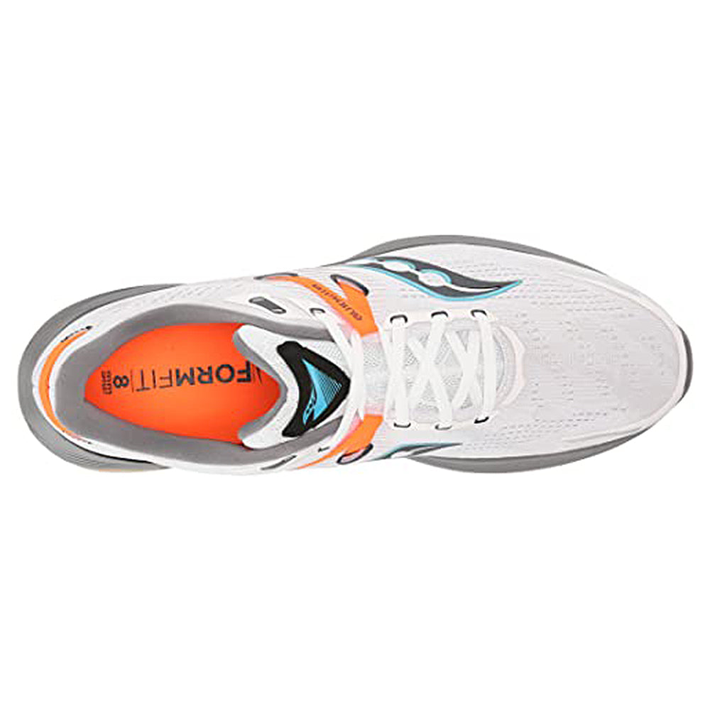 Top view of the Saucony Guide 16 Running Shoe - Mens in gray, black, and orange accents, featuring a cushioned sole and FORMFIT in orange on the insole.
