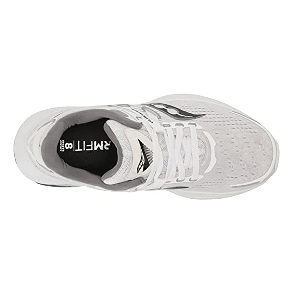 Top view of the Saucony Guide 16 - Womens white athletic running shoe with light gray accents, white laces, perforated toe area, cushioned comfort, and RIFT 8 text on the black insole.