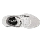 Top view of the Saucony Guide 16 - Womens white athletic running shoe with light gray accents, white laces, perforated toe area, cushioned comfort, and RIFT 8 text on the black insole.