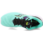 The Saucony Guide 15 - Womens running shoe is pictured top-down in turquoise with black laces, purple accents, and a white sole on a white background, showcasing its cushioned support for comfort.