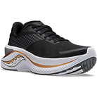 The Saucony Endorphin Shift 3 - Men is a black running shoe with a white sole, orange accents, textured tread, and PWRRUN foam for comfort, shown from a low angle highlighting its side and front.