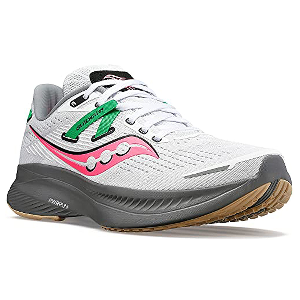 The Saucony Guide 16 Running Shoe - Womens features a white mesh upper, gray and gum sole, pink and green accents, black detailing, and cushioned support for comfort and breathability on every run.