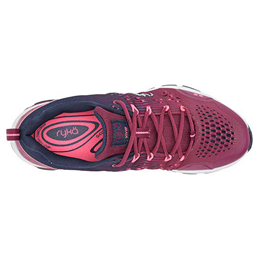Top view of the Ryka Vivid RZX womens water sneaker in maroon and dark purple with a breathable mesh toe, pink laces, and Ryka branding on the insole—ideal cross-training water shoes.