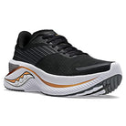 The Saucony Guide 16 Running Shoe for men is shown in black with a white sole and orange accents, featuring subtle stripes. This cushioned shoe delivers both support and style, photographed at an angle on a white background.