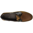 Top view of the Sperry A/O 2-EYE LEATHER mens boat shoe featuring gold eyelets, leather laces, dark brown trim, visible stitching, and a cushioned insole.