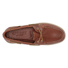 Top view of the Sperry A/O 2-EYE LEATHER mens boat shoe in brown leather, featuring tan laces, white stitching around the toe, and the Sperry brand name embossed on the insole.