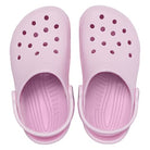 A pair of light pink Crocs Classic Clog - Kids, inspired by Kids Classic Crocs, with top ventilation holes and a back strap, shown from above.